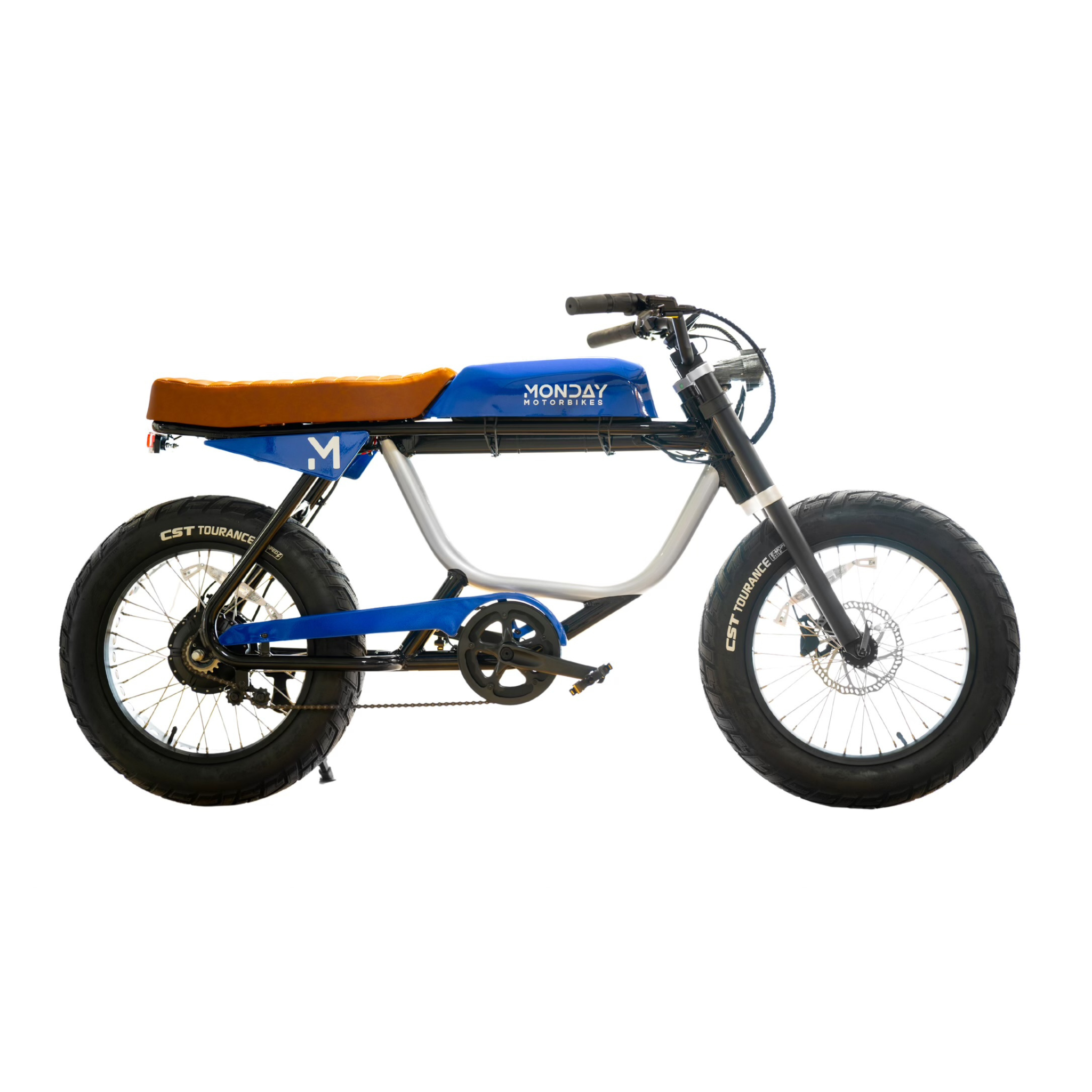 Monday Motorbikes ANZA 1000W electric cafe racer with blue and silver frame, brown leather seat, CST Tourance tires, and disc brakes. Side view showing classic 1980s-inspired design with sleek aluminum construction and 5.75-inch headlight.