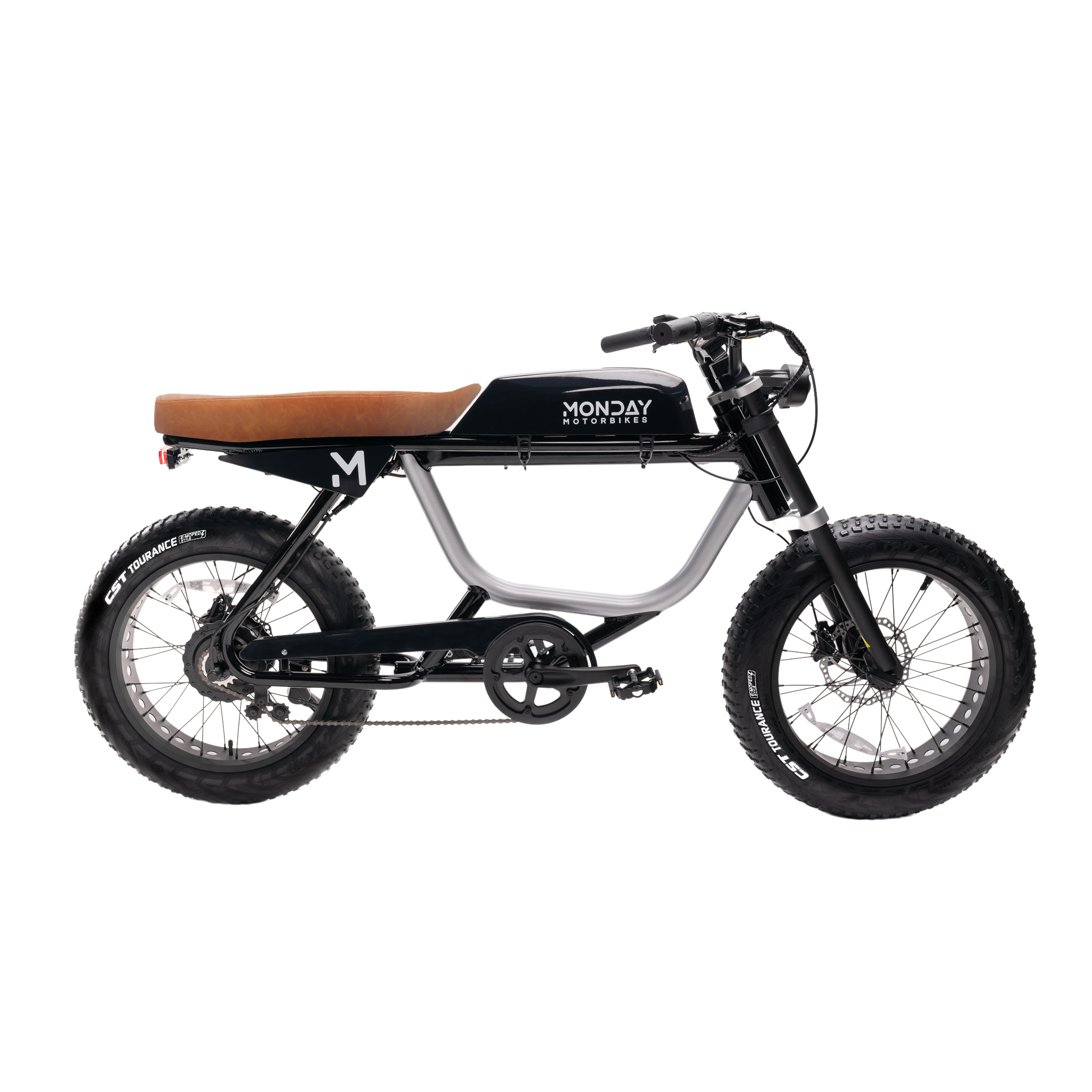 Monday Motorbikes ANZA 750S electric cafe racer featuring sleek black and silver frame, brown leather seat, chunky CST Tourance tires, and classic 1980s-inspired design with modern 750W hub motor technology.