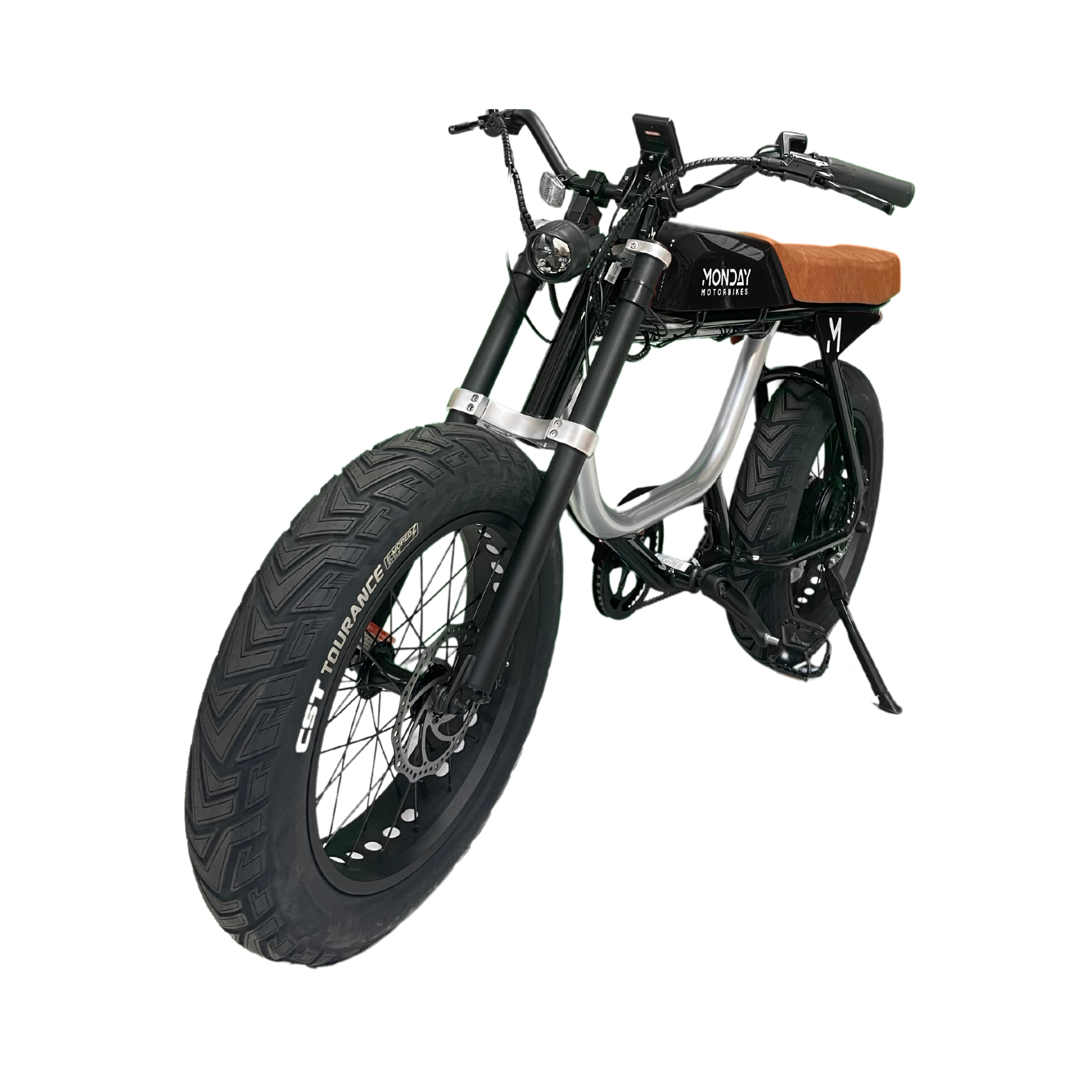 ANZA 1,000W electric motorbike featuring a classic cafe racer design with black frame, brown leather seat, chunky CST Tourance tires, hydraulic disc brakes, and distinctive 5.75-inch headlight, shown from a side angle highlighting its sleek aluminum construction and retro-inspired aesthetics.