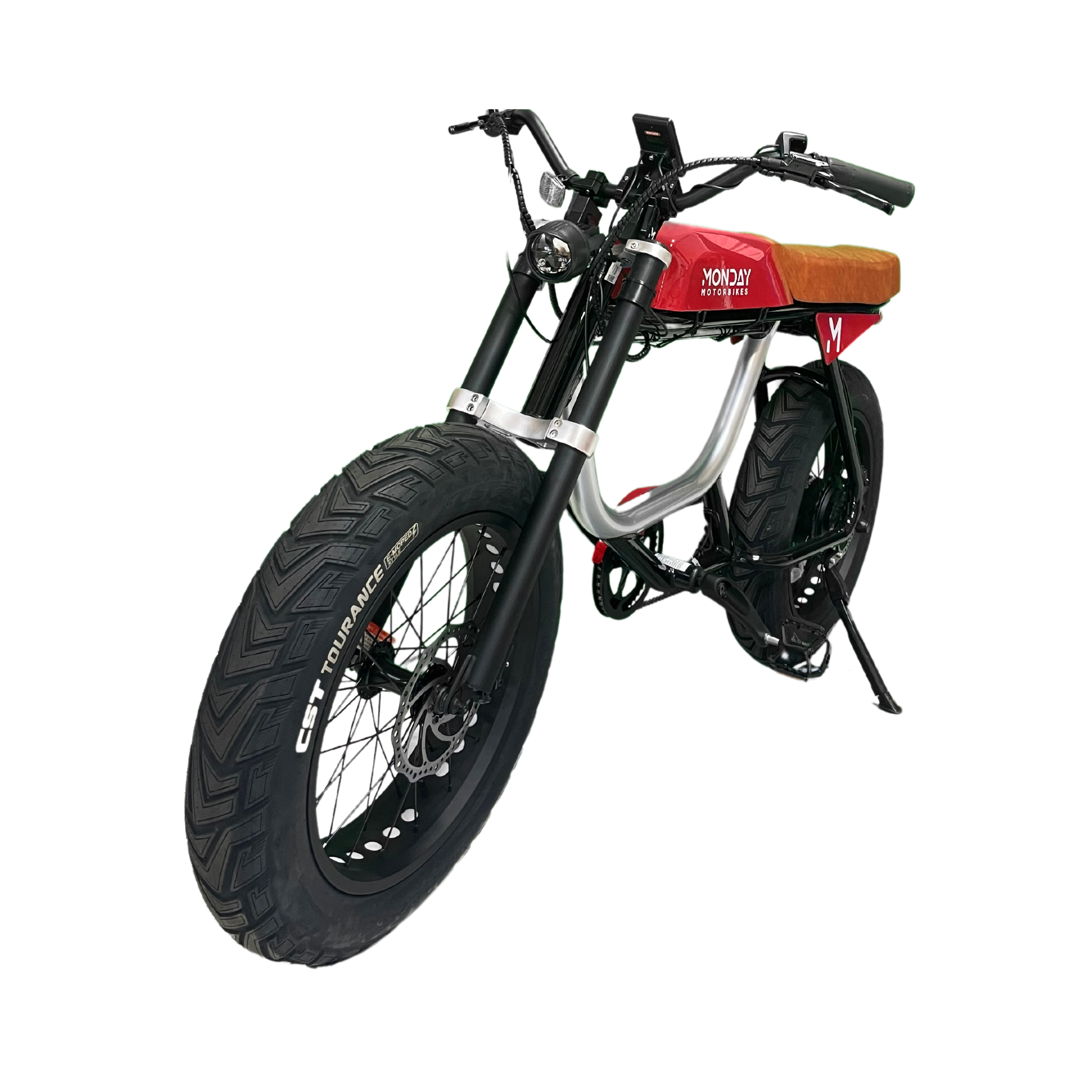 ANZA 750S electric motorbike in red and black finish, featuring cafe racer styling with wide tires, sleek aluminum frame, brown leather seat, and powerful front headlight, shown from a three-quarter front angle against white background