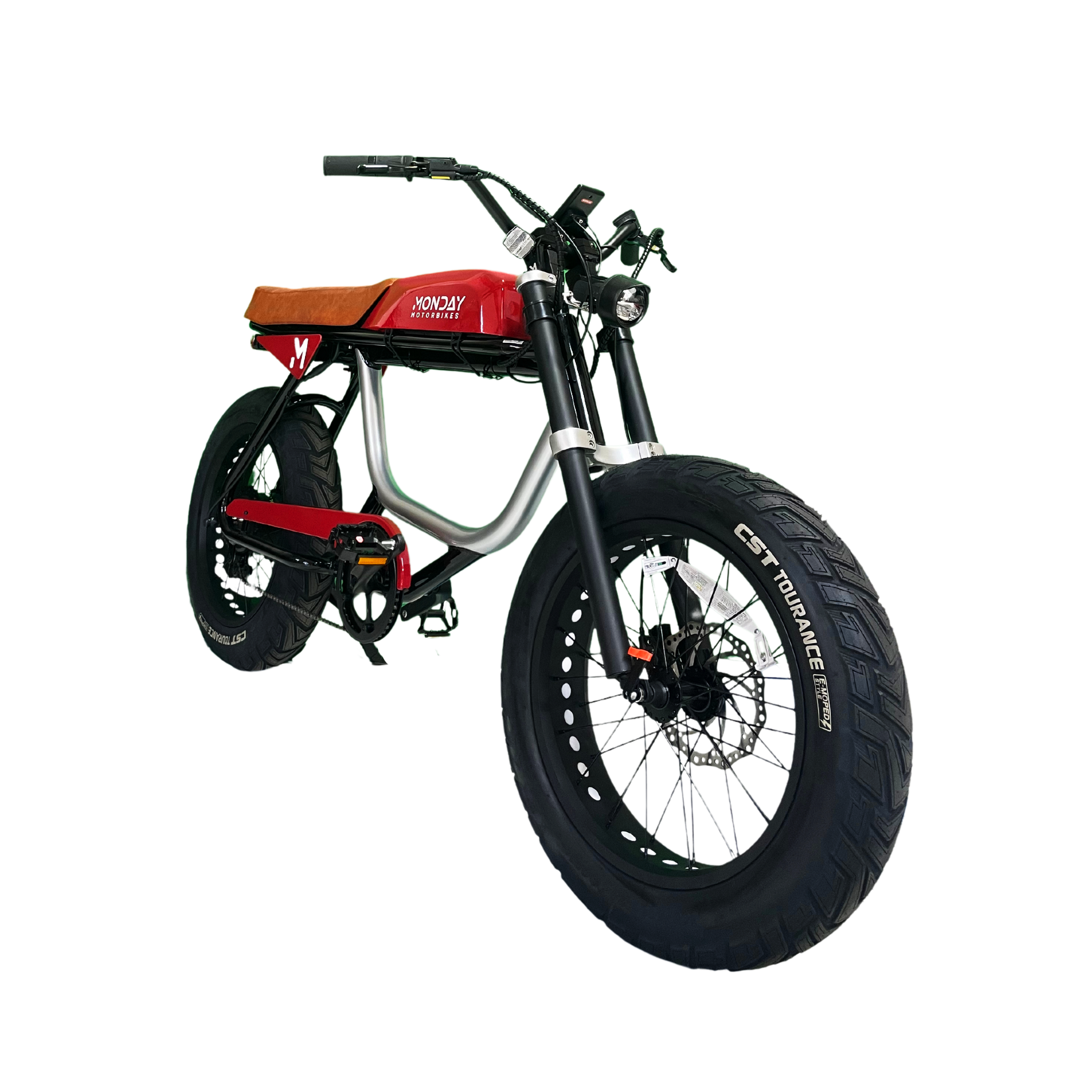 A right-side view of the red ANZA 500S e-bike, highlighting its sporty design.
