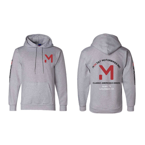 A back & front close-up picture of a Monday Motorbikes branded gray hoodie
