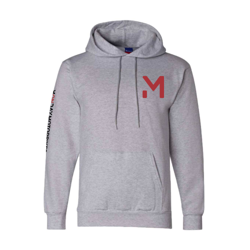 A front close-up picture of a Monday Motorbikes branded gray hoodie
