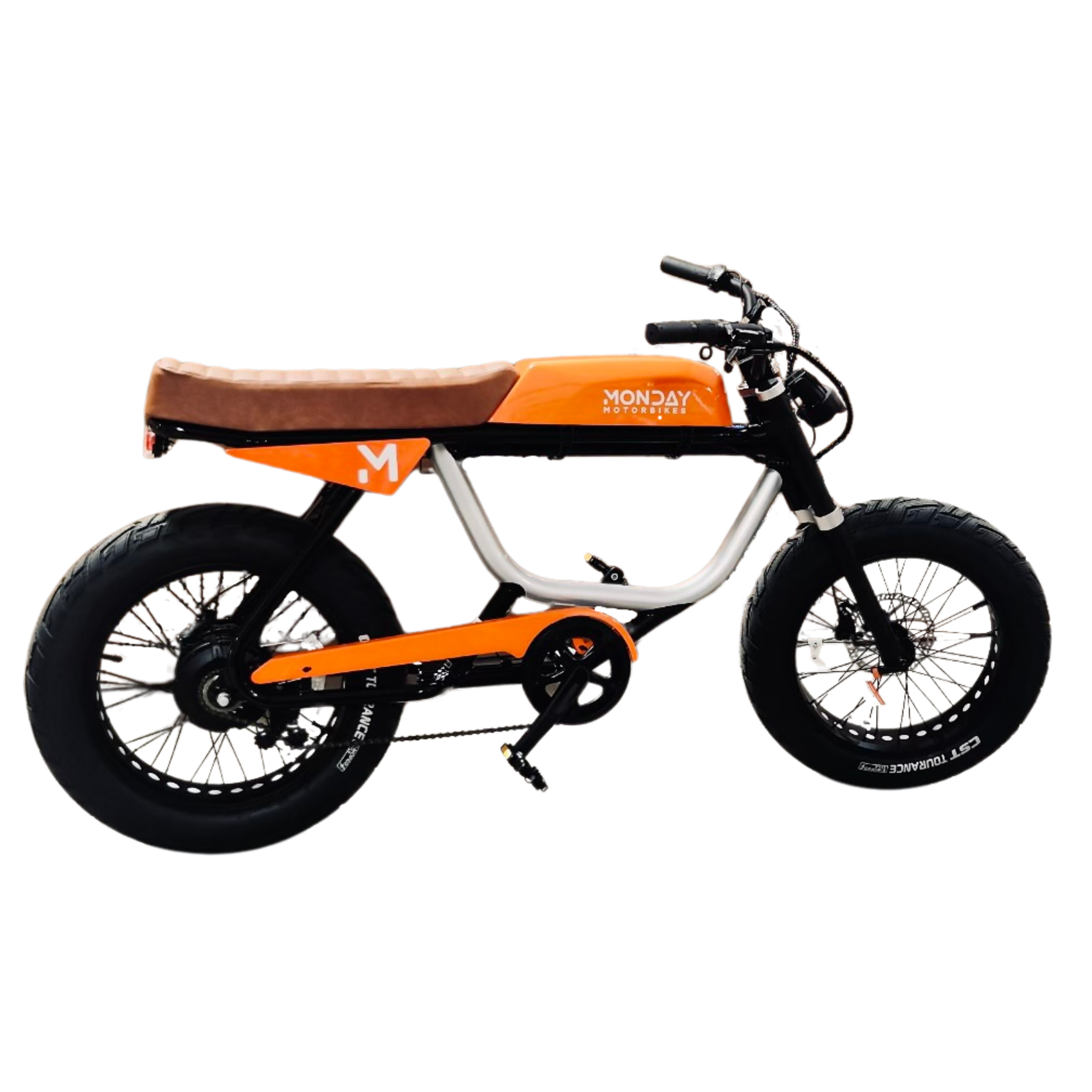 ANZA 1,000W electric motorbike featuring retro cafe racer design with orange and black color scheme, brown leather seat, aluminum frame, fat tires, and hydraulic disc brakes, photographed against white background in side profile view