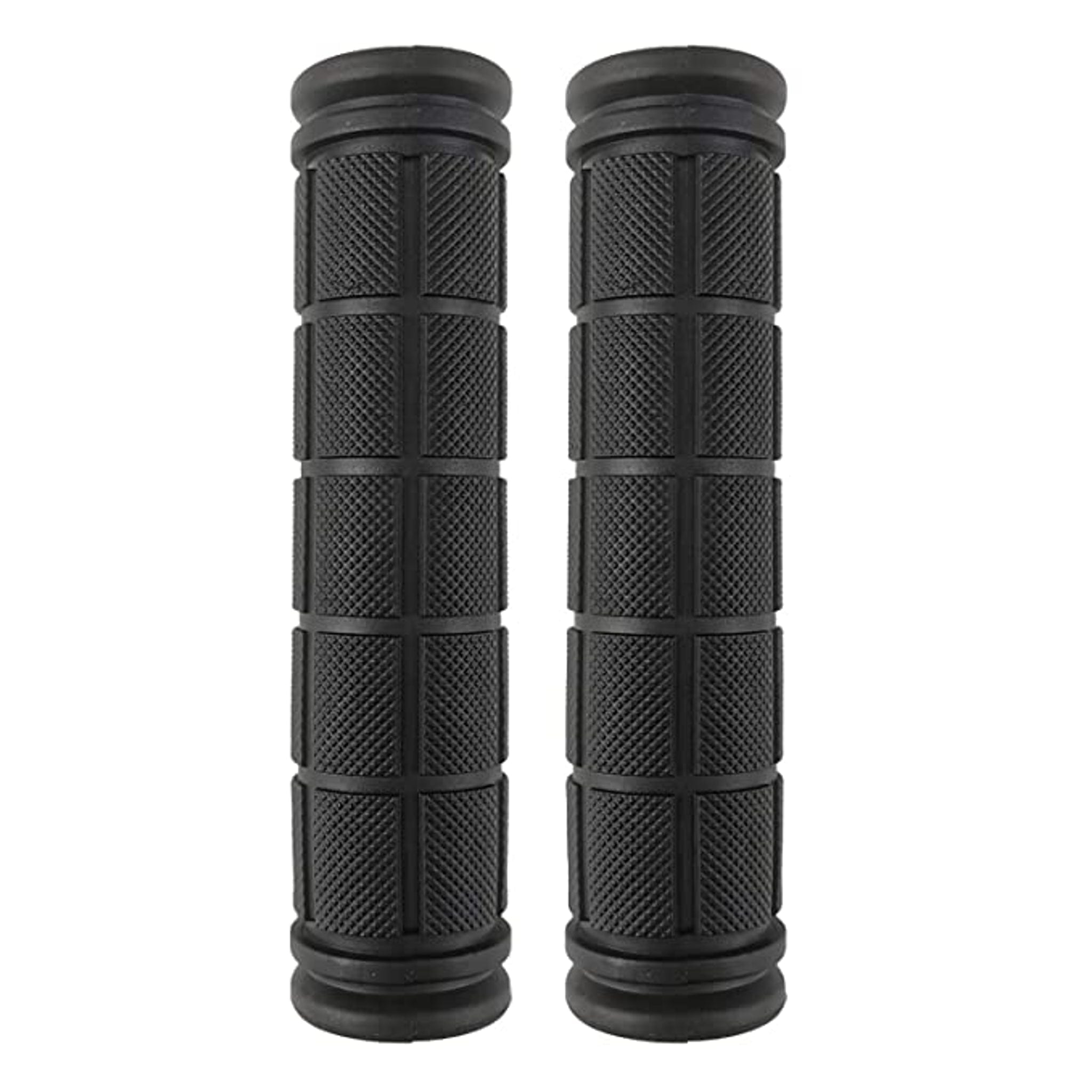 A pair of black mushroom-style bike grips, providing durability and enhanced rider comfort.