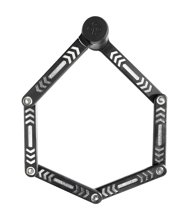 The Kryptonite 685 folding lock secured to a bicycle frame, showcasing its flexible and sturdy construction.