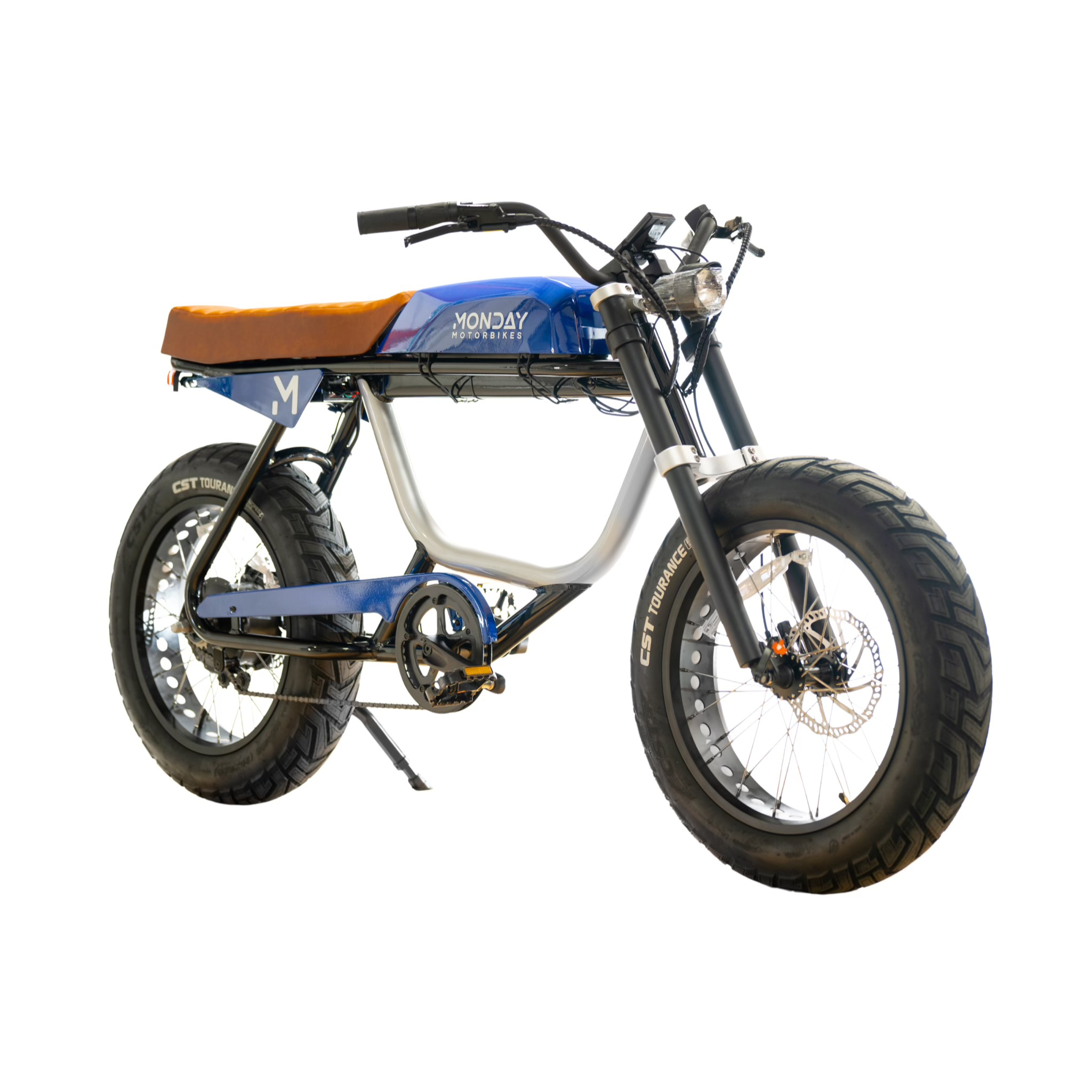 ANZA 1,000W electric motorbike featuring classic cafe racer styling with blue and silver frame, brown leather seat, fat tires, and sleek minimalist design. Side view showing hydraulic disc brakes, powerful headlight, and distinctive Monday Motorbikes branding.