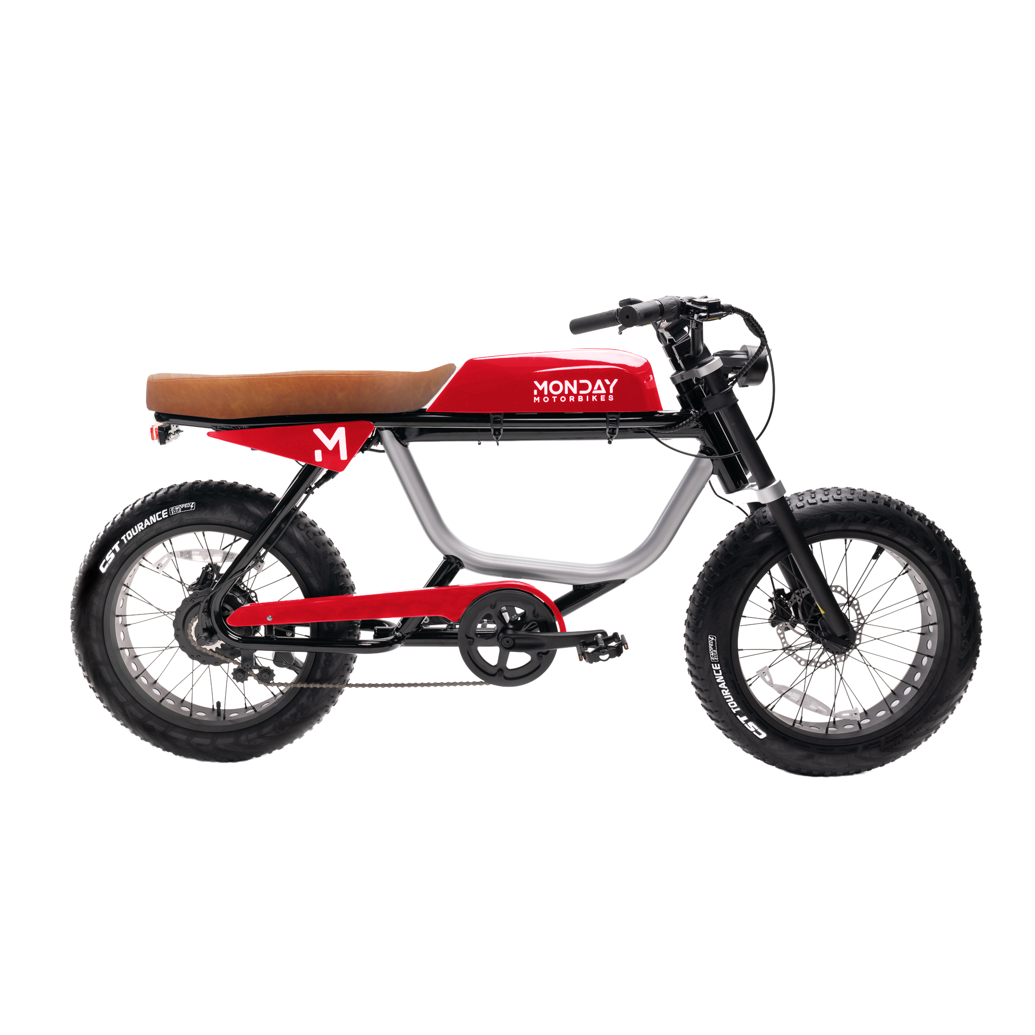 ANZA 750S electric motorbike in red and silver with classic cafe racer styling, featuring brown leather seat, chunky CST tires, sleek aluminum frame, and powerful 7-inch headlight, showcasing its retro-modern design and all-weather durability.