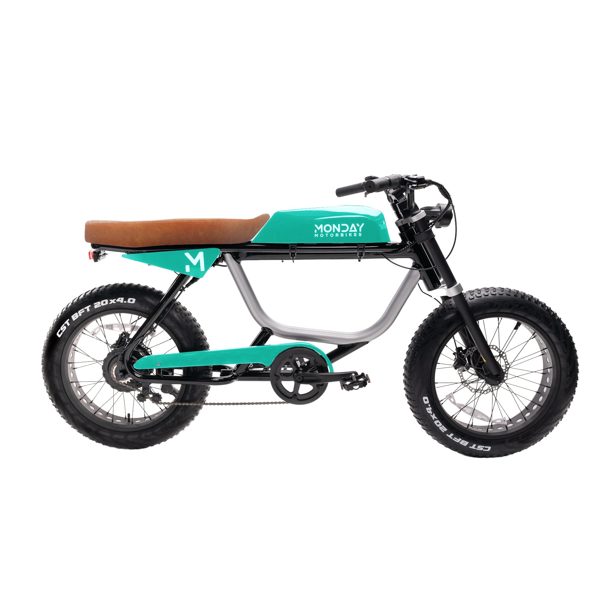 ANZA 750S electric cafe racer motorcycle in turquoise and silver with brown leather seat, featuring fat tires, sleek aluminum frame, and retro-inspired design. Side view showing classic 1980s-style proportions and modern electric components.