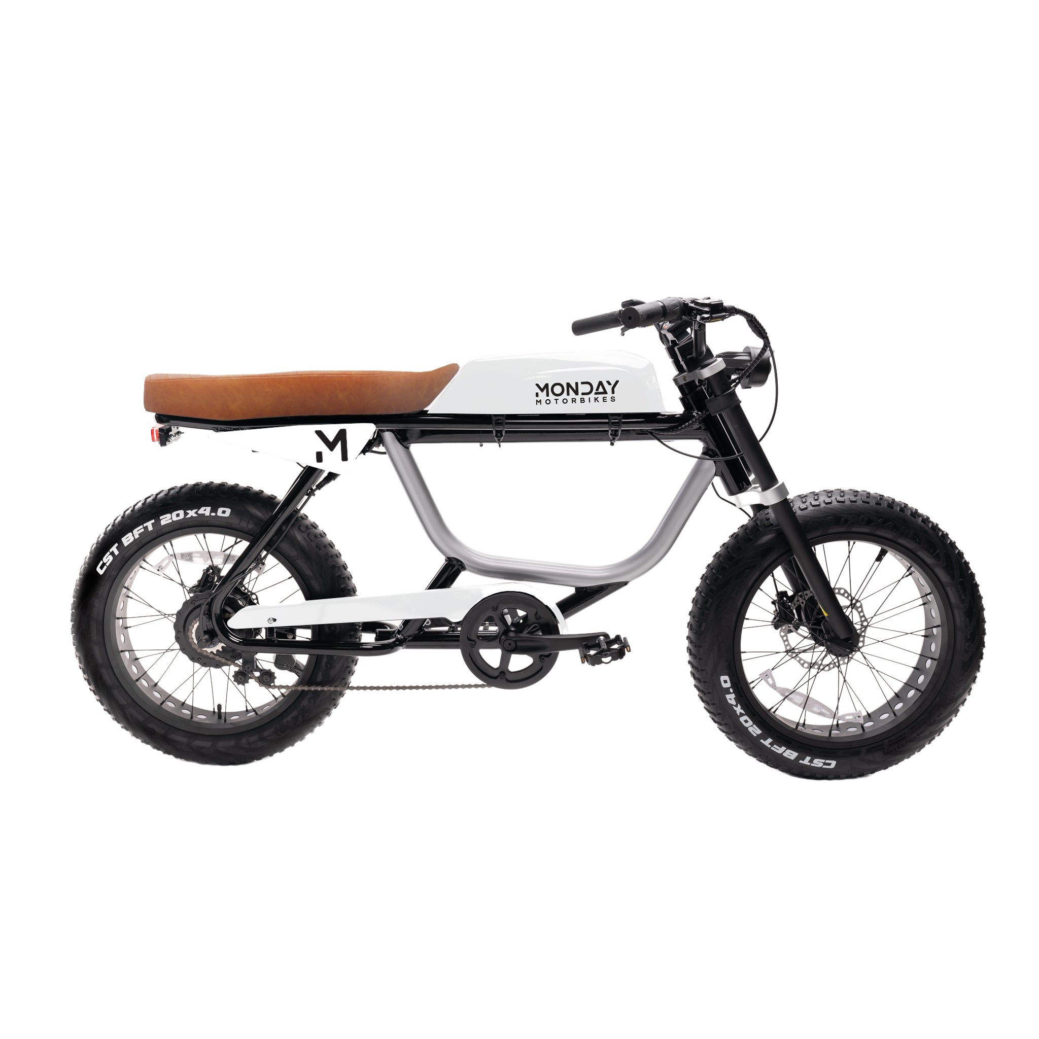 ANZA 750S electric cafe racer motorcycle in sleek silver and black design with brown leather seat, featuring fat CST tires, aluminum frame, and retro-inspired styling, showcasing classic 1980s proportions with modern electric powertrain