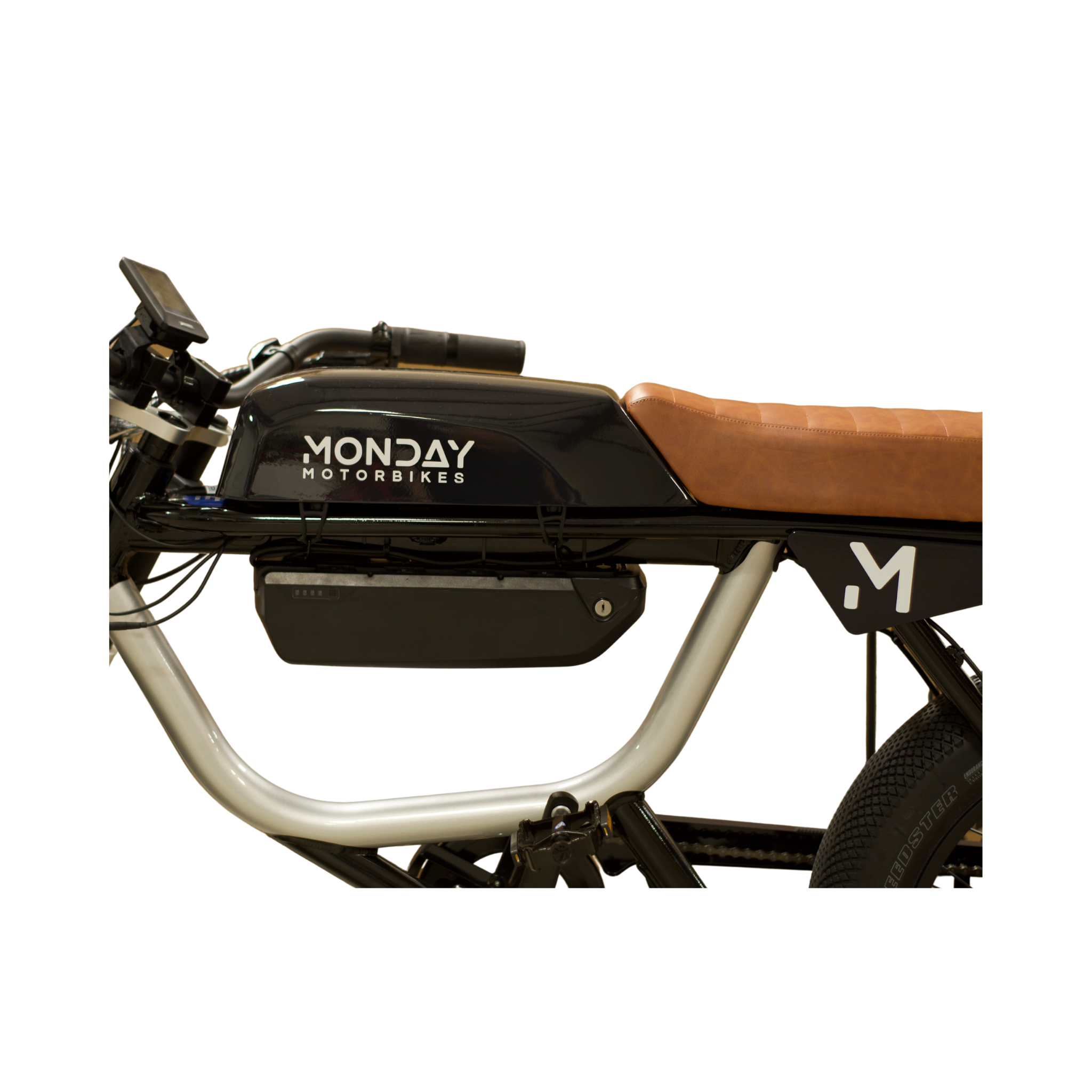 ANZA Dual Battery System mounted on a black Monday Motorbikes frame, featuring a sleek side profile with tan leather seat and silver accent tubing, showcasing the extended power capacity for electric motorcycles