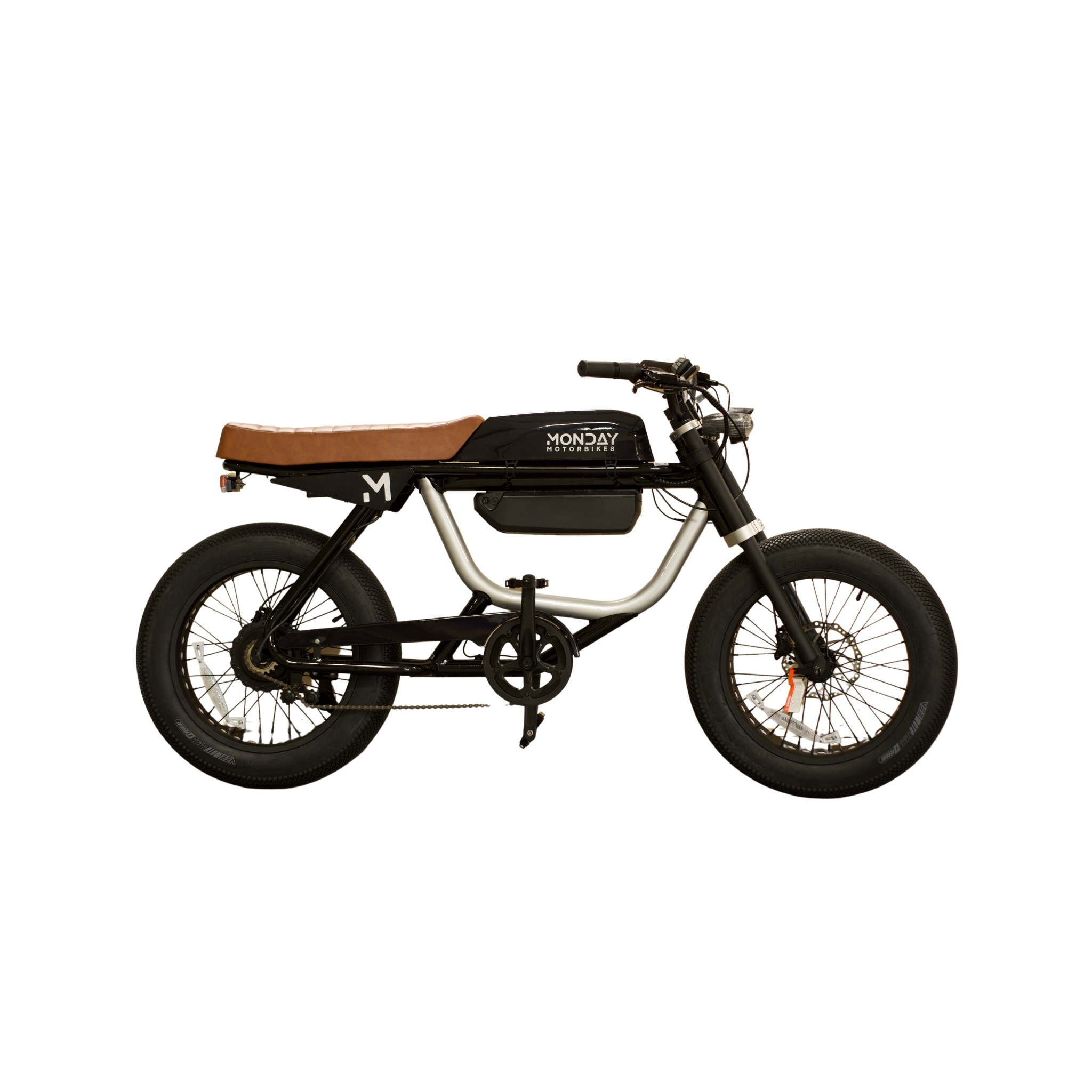 ANZA Dual Battery System shown on a sleek electric motorcycle with black and silver frame, brown leather seat, fat tires, and minimalist cafe racer design featuring an integrated battery compartment for extended range