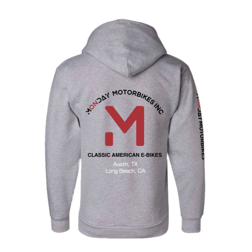 A back close-up picture of a Monday Motorbikes branded hoodie