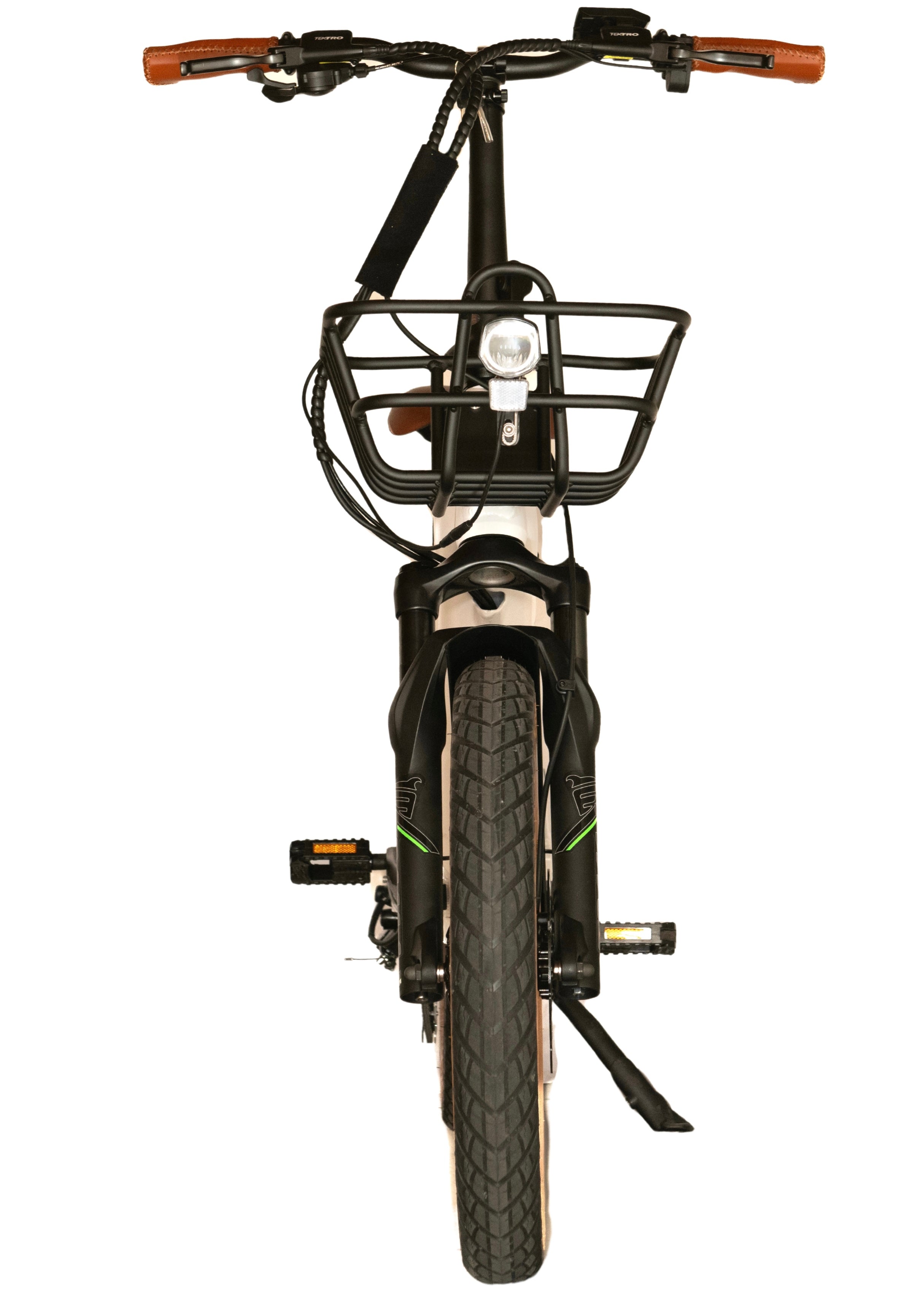 A front-facing image of the Monday Verano e-bike, highlighting its headlights and handlebars.