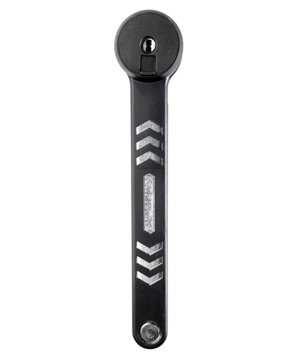 A side view of a bike lock with a key inserted, showcasing its secure locking mechanism.