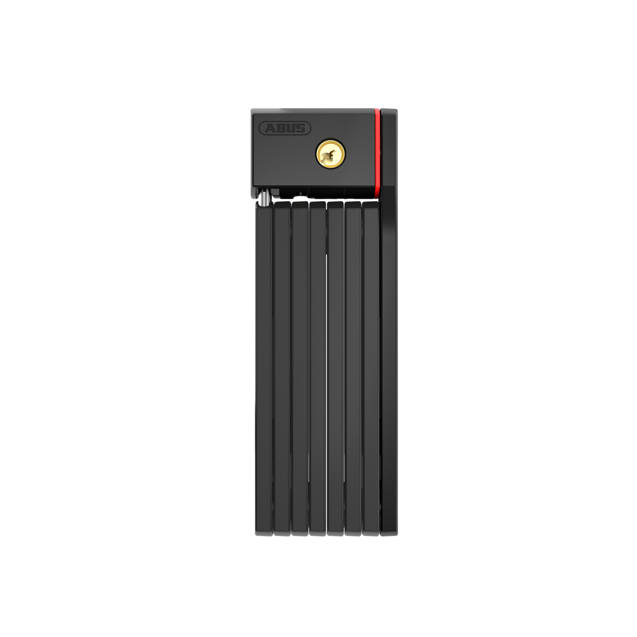 ABUS UGRIP BORDO 5700 BIG folding bike lock featuring black steel bars with 5mm thickness, mounting bracket, automatic cylinder lock mechanism with gold keyhole detail, and red accent stripe, designed for medium security protection