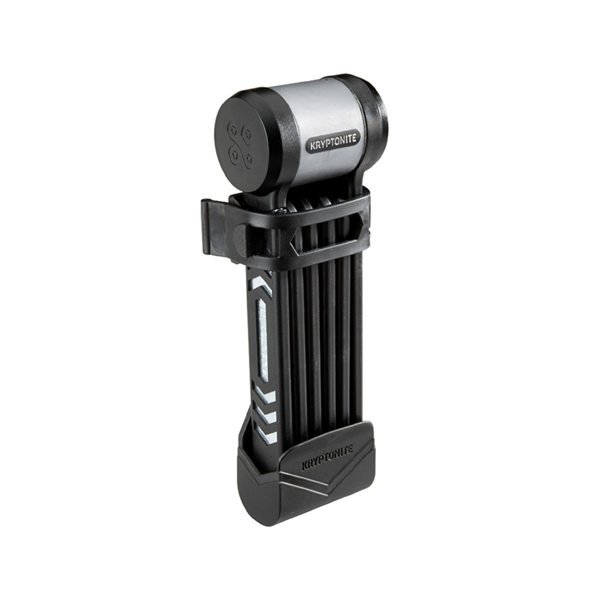 A Kryptonite folding bike lock with a compact design, featuring a black and orange color scheme.