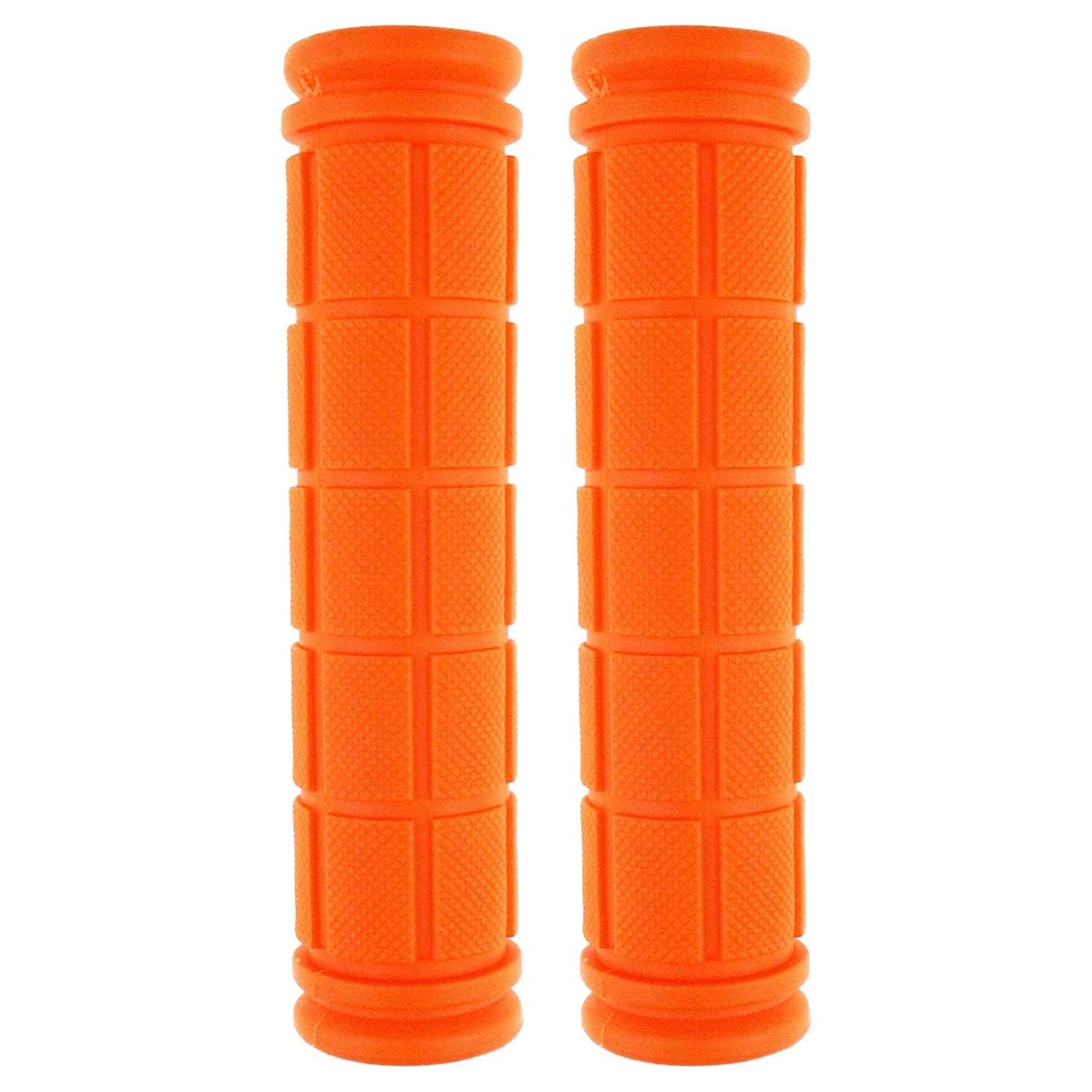 A pair of orange mushroom-style bike grips, offering a comfortable and secure hold.