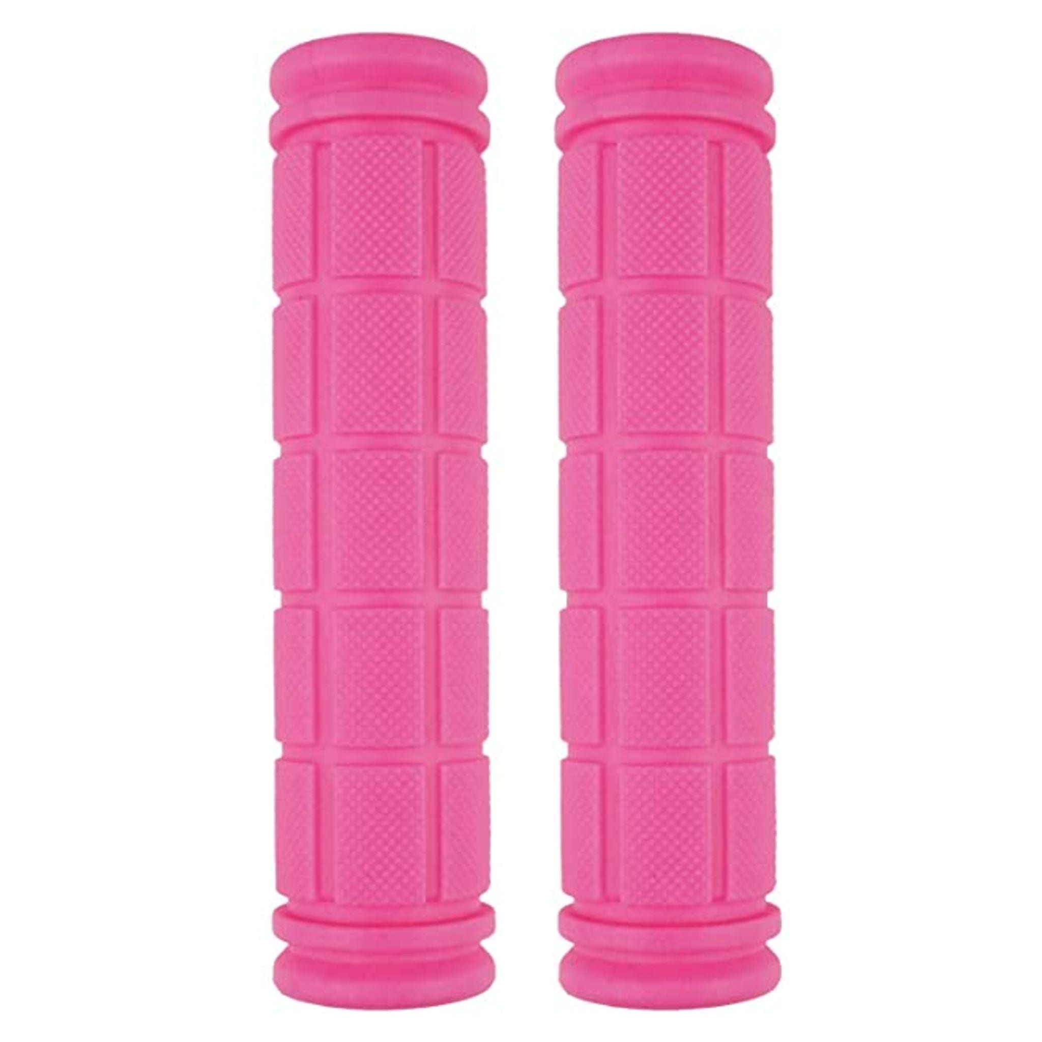A pair of pink mushroom-style bike grips, designed for a soft, cushioned feel and a firm grip.