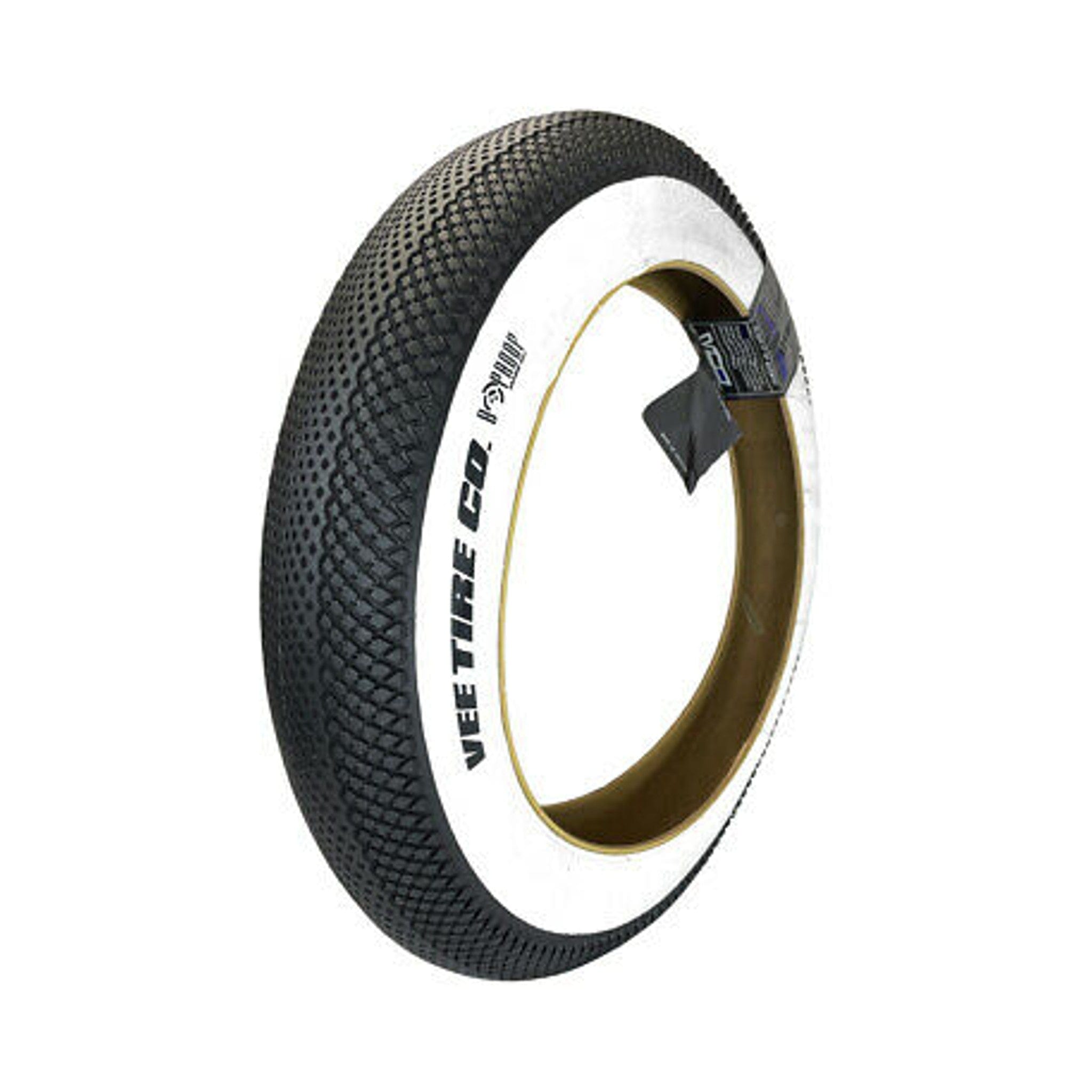 Black bicycle tire with a white sidewall.